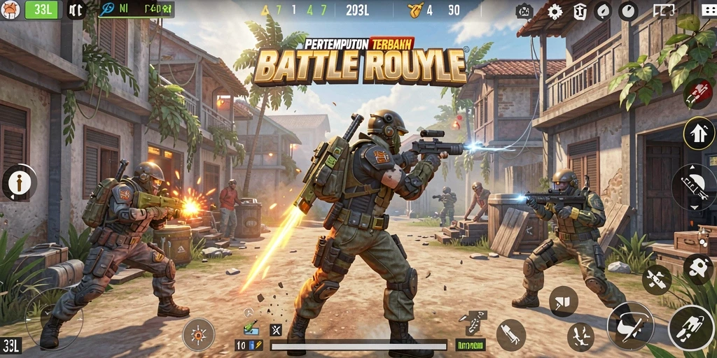 Screenshot gameplay Battle Royale dari 33L yang menampilkan aksi pertempuran intens.