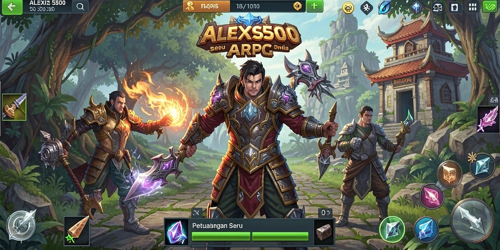Tampilan gameplay ALEXIS500 yang menampilkan pertempuran seru dan eksplorasi dunia.