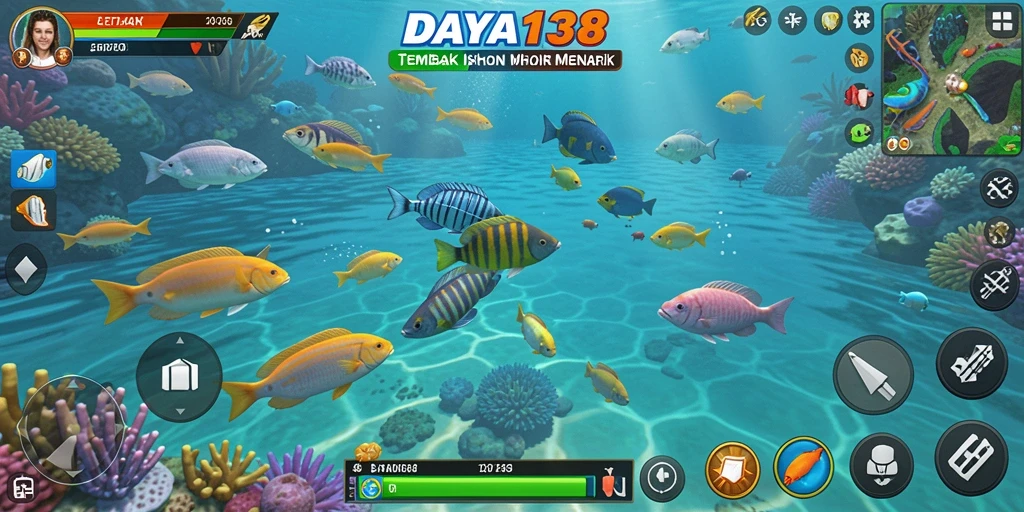 Tampilan gameplay menarik saat menembak ikan di bawah laut.