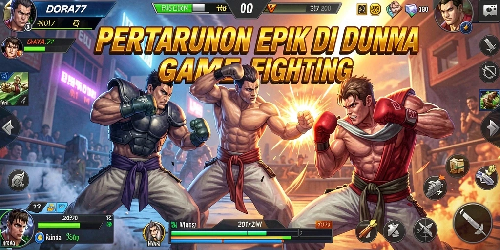 Tampilan gameplay DORA77 dengan pertarungan yang intens dan karakter unik.
