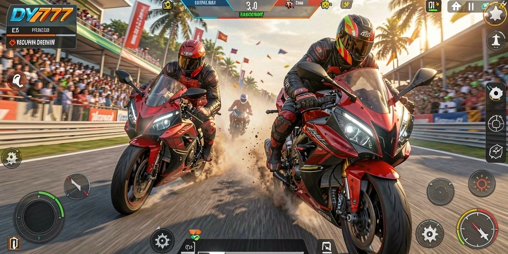 Tampilan gameplay DY777 menampilkan aksi balapan motor yang seru dan mendebarkan.