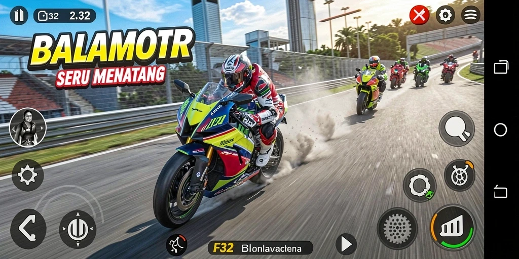 Screenshot gameplay F32 dengan balapan motor yang mendebarkan.