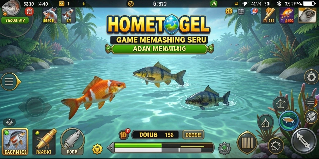 Screenshot gameplay <strong>HOMETOGEL</strong> menampilkan aksi memancing yang mendebarkan.