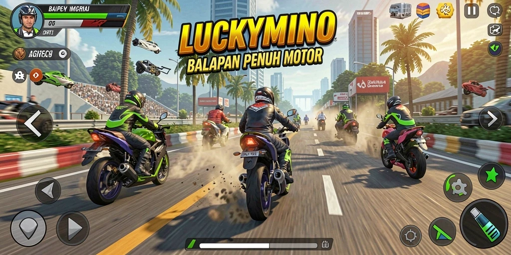 Tampilan gameplay mendebarkan di LUCKYMINO saat balapan motor.