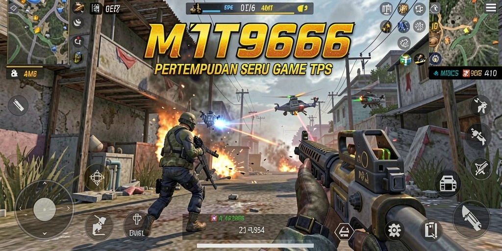 Screenshot utama MT966 memperlihatkan pertempuran intens dalam gaya TPS.