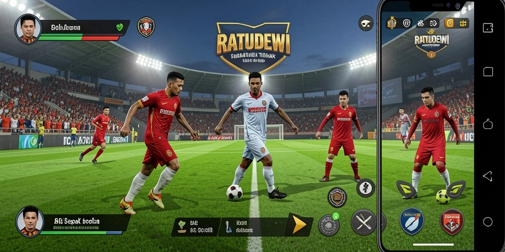 Gambaran gameplay seru dalam RATUDEWI dengan aksi sepak bola nyata.