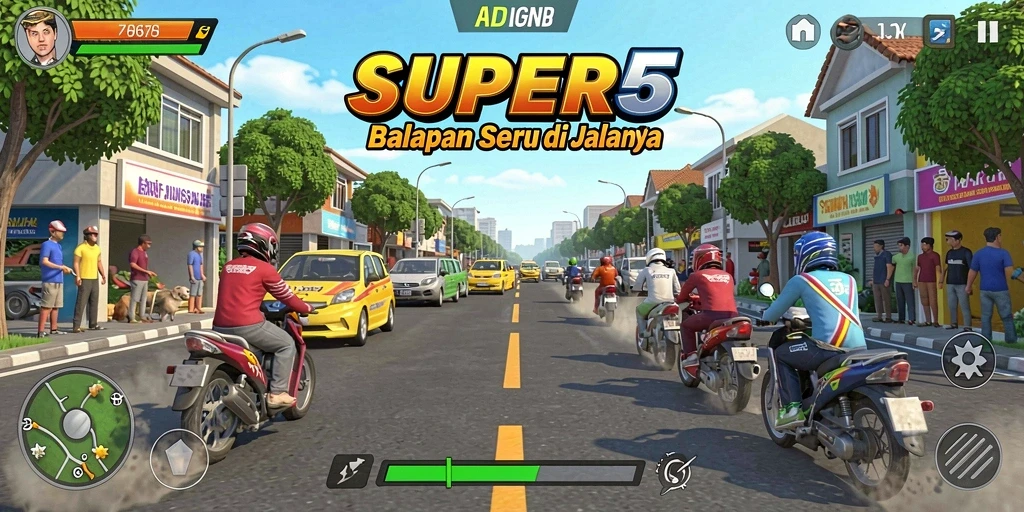 Tampilan gameplay SUPER5 yang seru saat balapan di jalanan yang menantang.