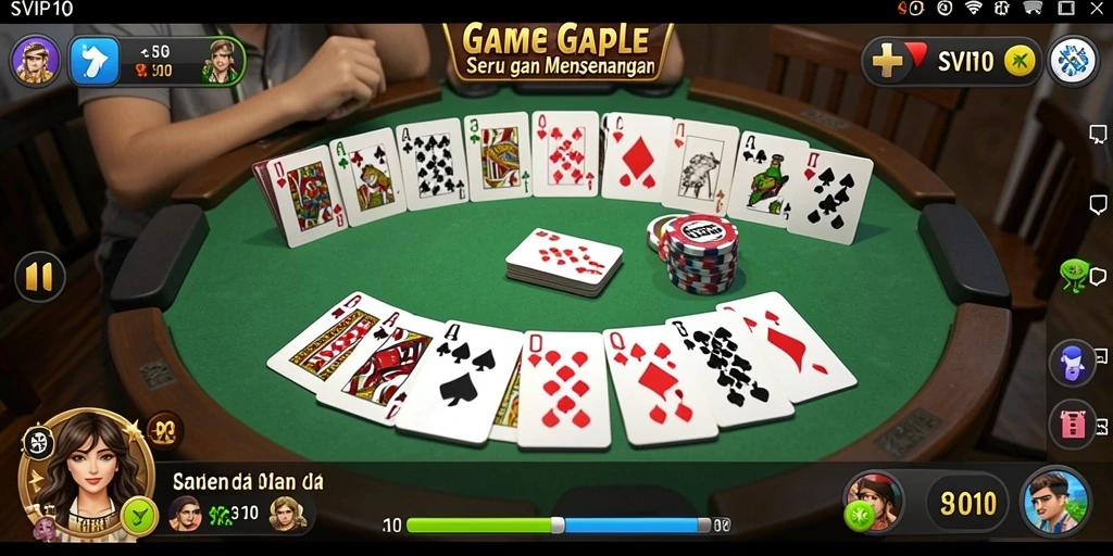 Screenshot gameplay SVIP10 menampilkan serunya permainan Gaple antara teman-teman.