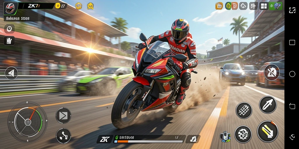 Gameplay ZK7 yang mendebarkan dengan motor cepat di lintasan balap.